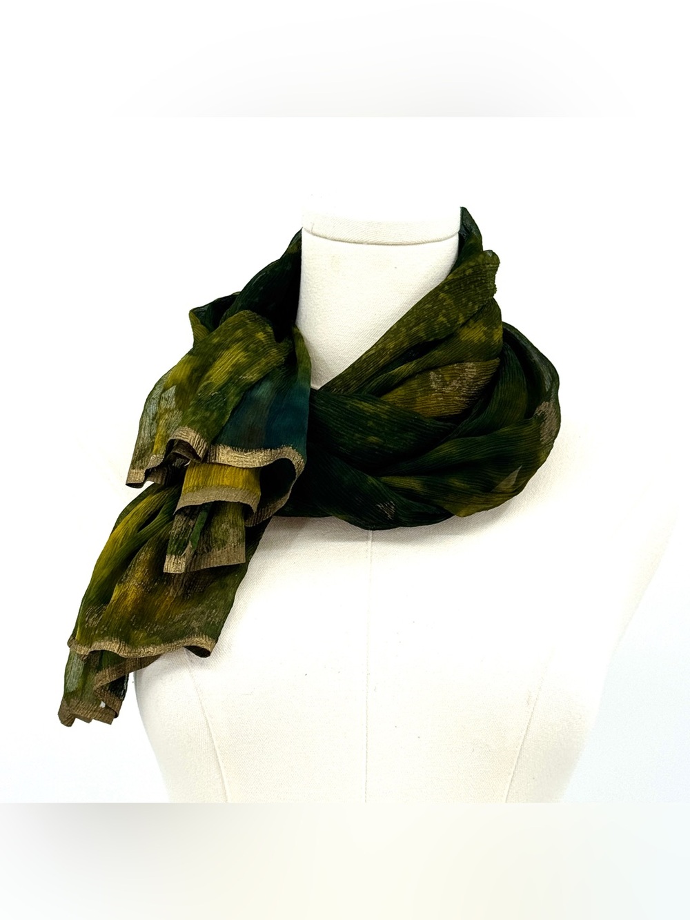 Vintage artisan crafted hand dyed silk shawl green mustard yellow gold
